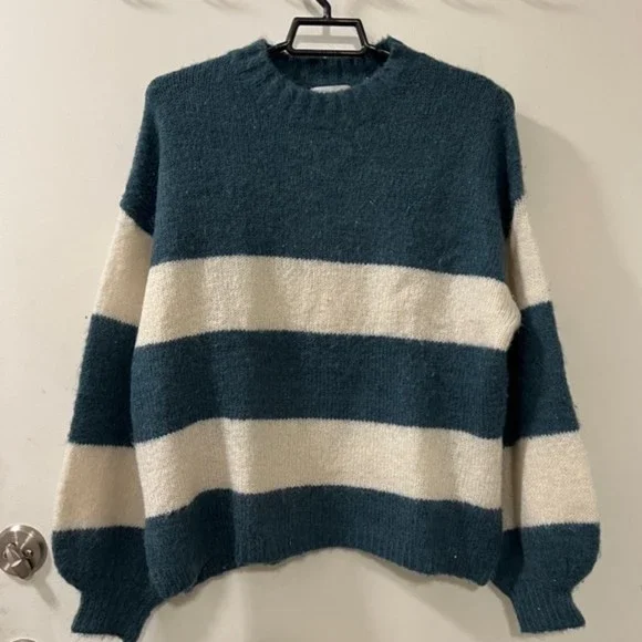 Lovers+Friends Womens Green White Striped Wool Blend Knit Sweater Glitters Sz SM - Picture 3 of 9